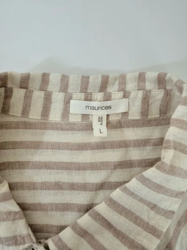 Maurices Cropped Striped Button Down Shirt Cream White Linen - Image 9