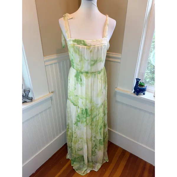 Line & Dot Green Tie Dye Tiered Maxi Dress Tie Strap Sz Small Cottagecore Summer - Image 3