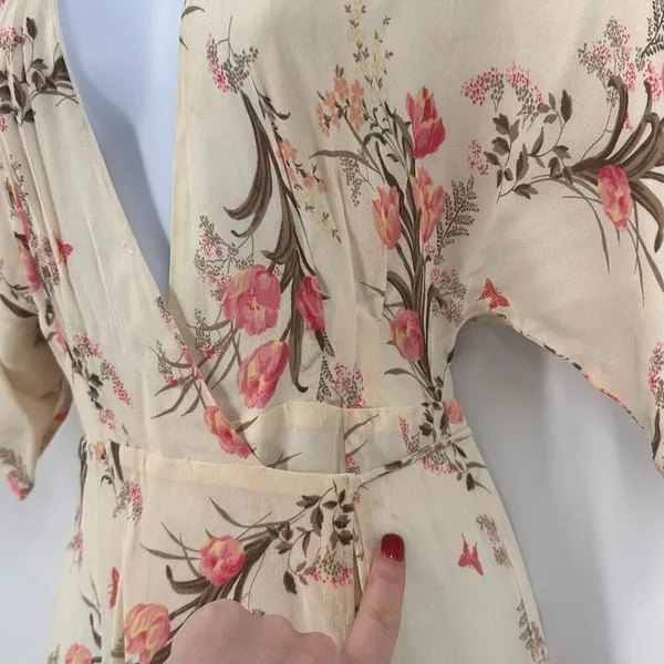 Reformation Karen Kimono Midi Wrap Dress Leila Floral Tulip Size‎ XS Cream Pink - Image 14