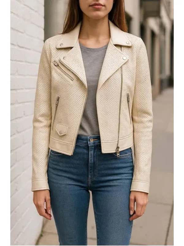 BLANKNYC Perforated Faux Leather Moto Jacket Cream Off White Biker Zip Medium - Image 2
