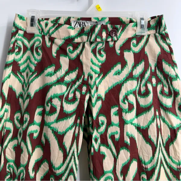 Zara Selena Printed Pants Womens XS Green Brown Wide Leg Cotton NWT - Image 3