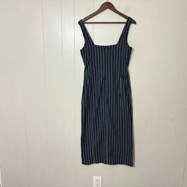 By Anthropologie Pinstripe Midi Dress Size M Navy Square Neck Side Slit - Image 9