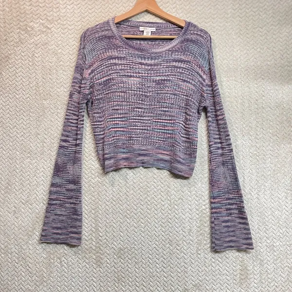 Sincerely Jules Purple‎ Space Dyed Long Bell Sleeve Cropped Preppy Knit Sweater - Image 7
