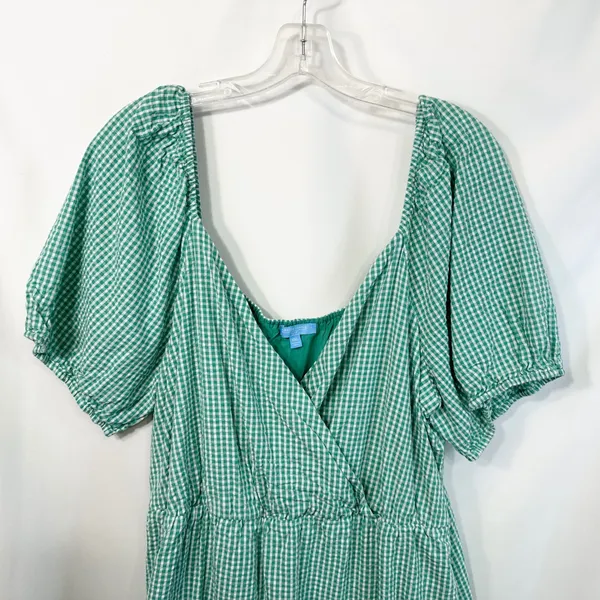 Draper James XXL Dress‎ Green Gingham Surplice Cotton Puff Sleeve Tiered 1827 - Image 5
