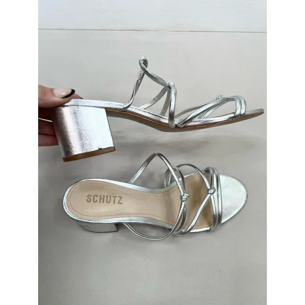 Schutz Silver Strappy Design Block Heel Open Toe Sandal Leather Womens Size 8.5B - Image 5