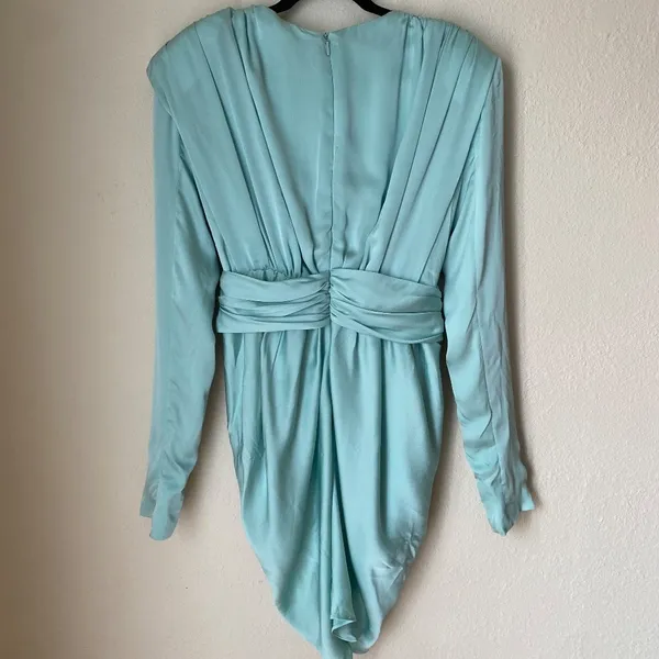 House of CB Pascale Aqua Draped Plunge Satin Mini Dress Womens Size M Mint Green - Image 7