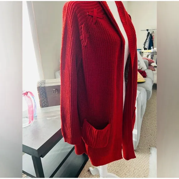 Signature Studio Women’s Red Hooded Open Front Knit Cardigan Sweater Pockets L - Image 2