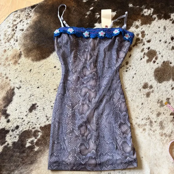 Danielle Guizio REVOLVE Snake Print Mesh Mini Dress Floral‎ Crochet Trim Size XS - Image 3