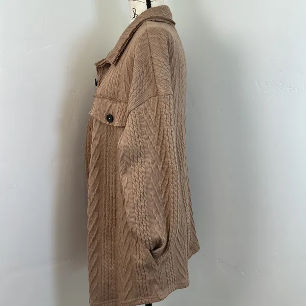 Oversized Knit Shacket Button Down Collared‎ Top Pockets Tan Medium Brown - Image 4