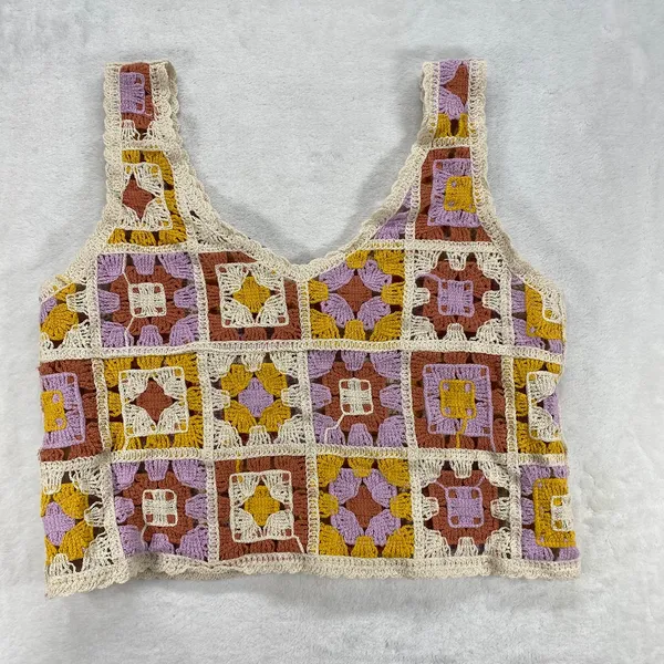 Rebellion Again Crochet Crop Top Granny Square Knit Sleeveless‎ XS - Image 6