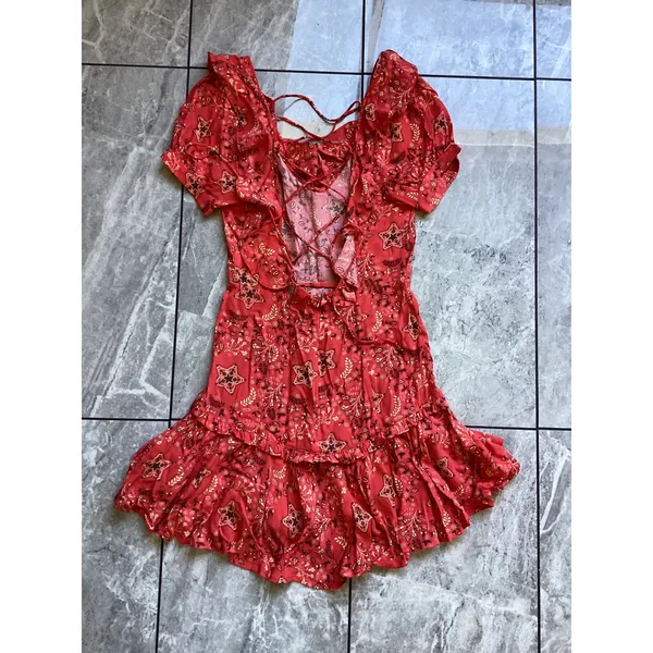 Spell & The Gypsy Collective Red Floral Star Lace Up Mini Dress XS Boho Ruffle - Image 7