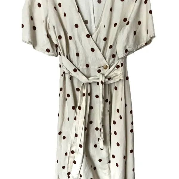 Moon River Polka Dot Midi dress SIZE MEDIUM Cream/brown Linen Blend - Image 5