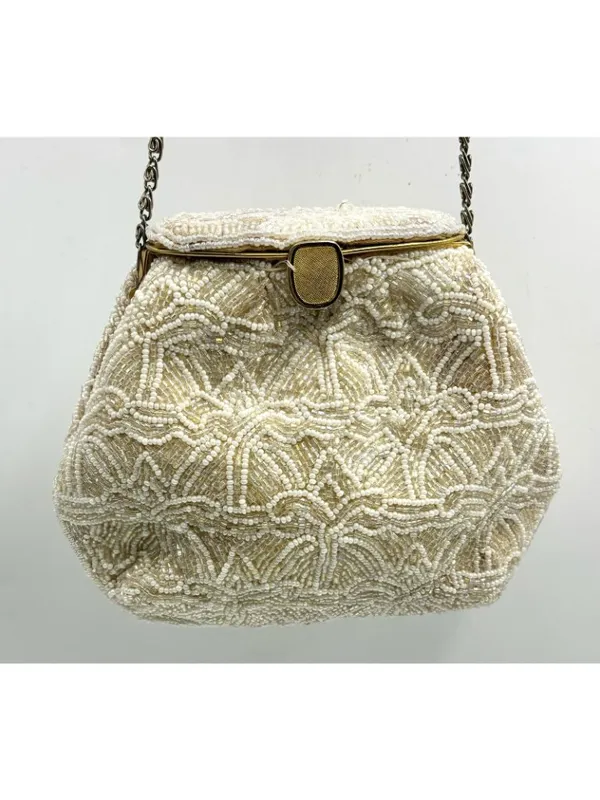 Carlo Fellini Clutch Purse Handbag White & Cream Beaded - Image 4