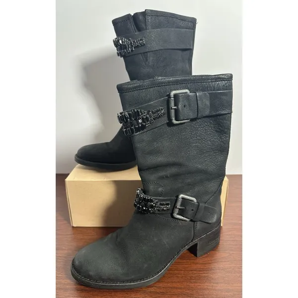 Vera Wang Lavender Label Uma Embellished Black Leather Moto Biker Boots Sz 7.5 - Image 2