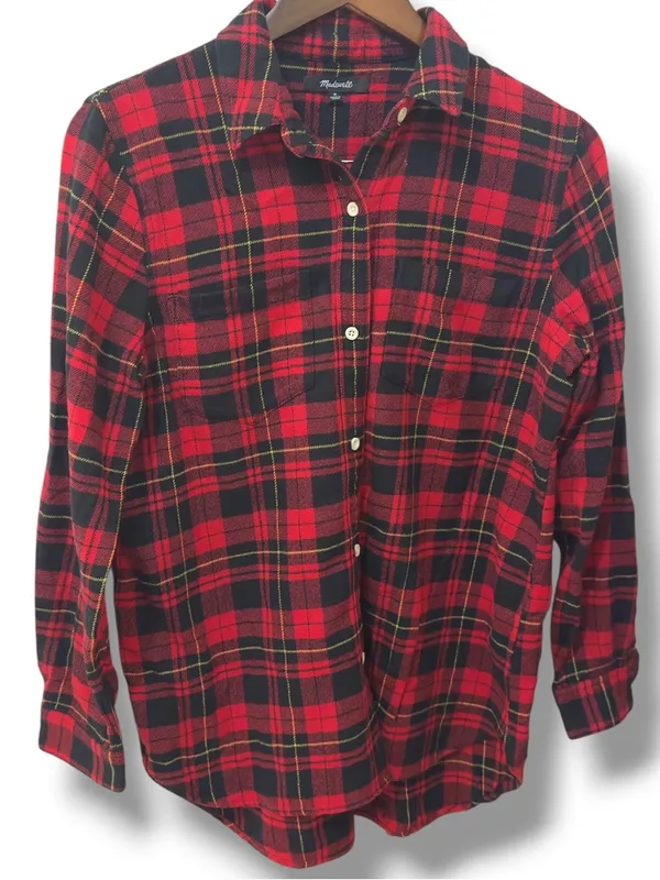 Madewell |EUC Cotton Red Black Plaid Flannel Buffalo Check Button Down Shirt (M) - Image 3