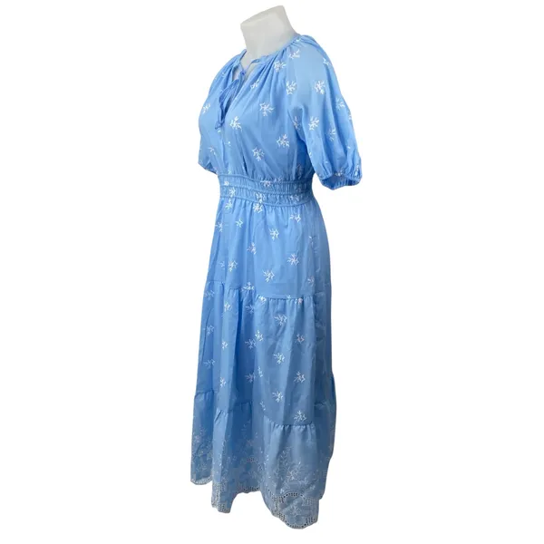 Women's Blue Embroidered Smocked Tiered Tie Neck Puff Sleeve Midi Flare A-Line L - Image 3
