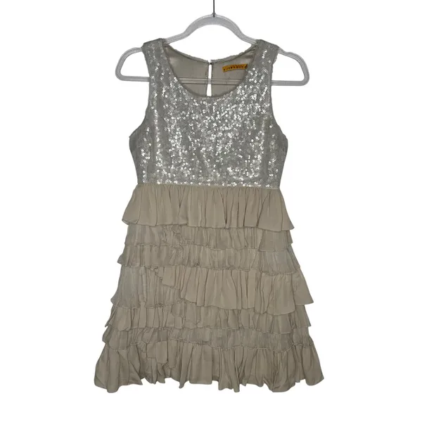 Alice + Olivia 2000s Silk Ruffle Tiered Sequin Dress Neutral Small - Image 2