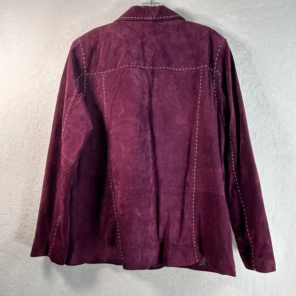Denim & Co Womens XL Plum Purple Suede Leather Button Front Jacket Pick Stitch - Image 3