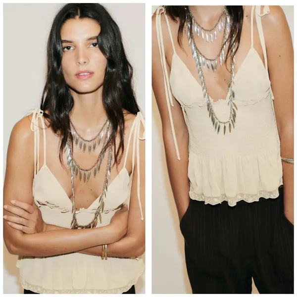 NWT Zara Tan Smocked Tie Straps Lace Trim Top Size Medium 0881/010 - Image 2