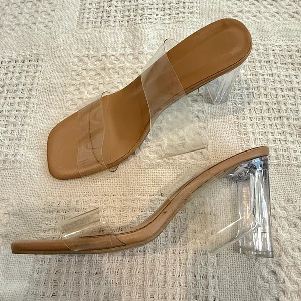women's 39 rubber clear double strap square toe heels sandal 3089 - Image 6