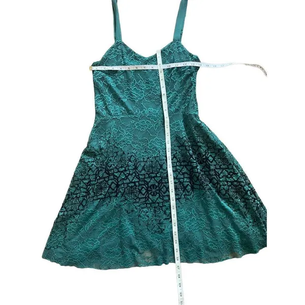 Free People Strap Mini Flare‎ Dress Green Floral Lace Black Velvety Detail - Image 5