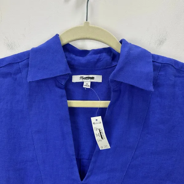 Madewell V Neck Mini Dress Linen Blue Pockets Easy Shift Relaxed Coastal XS NWT - Image 9