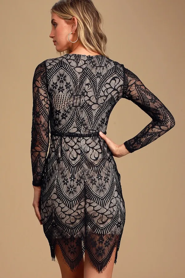 Black Lace Long Sleeve Dress - Image 3
