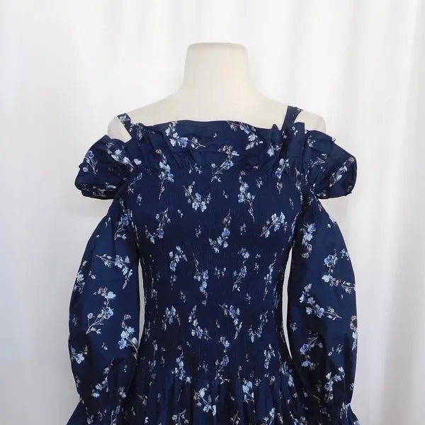 Revolve REBECCA‎ TAYLOR Francine Off Shoulder Dress Floral Smocked Navy Blue 0 - Image 3