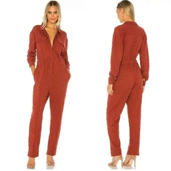Free People rust colored eyelet‎ jumpsuit zip up size 4 - Image 2