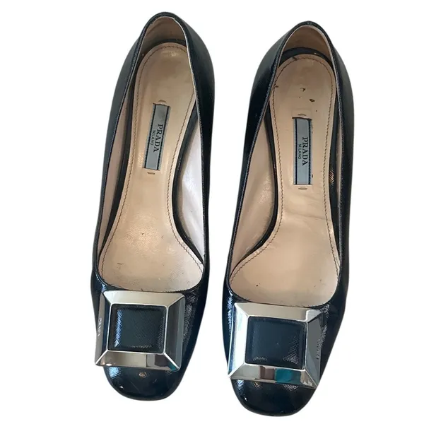 Prada Saffiano Vernice Square Toe Buckle Block Heel Pumps Black EU 38 US 8 - Image 2