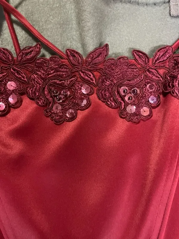 Polka USA Vintage Two-Piece Burgundy Satin Prom Dress Lace-Up Corset Top & Maxi - Image 5