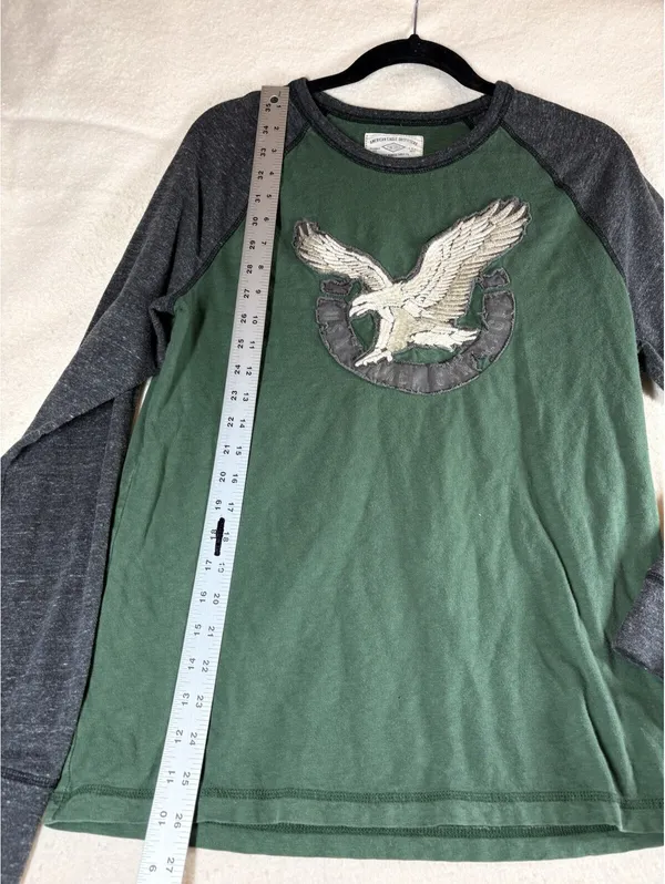 American Eagle Eagle Logo Raglan Long Sleeve T Shirt Green Gray Women’s M - Image 4