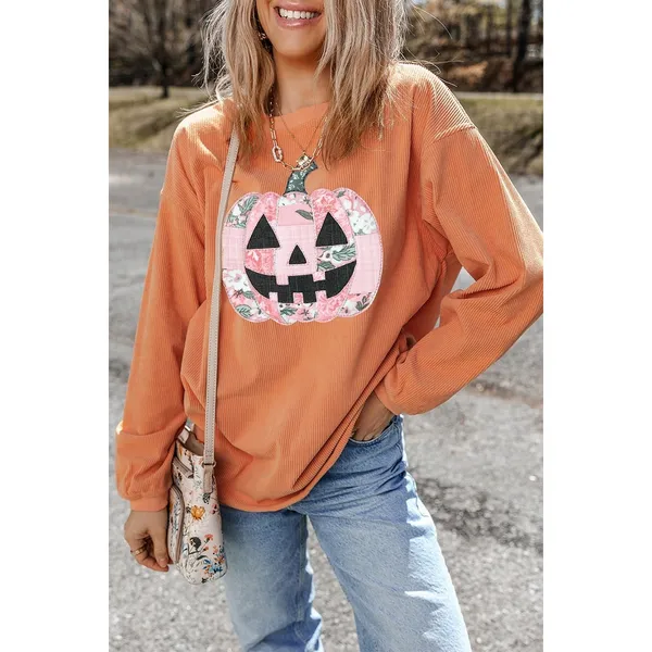 Patchwork Pumpkin Graphic Corded Ribbed Round Neck Tunic Sweatshirt - Image 2