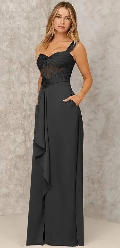 Azazie NWT X KENDALL + KYLIE A-Line Ruched Stretch Satin Floor-Length Dress in Black. Size 10. - Image 7