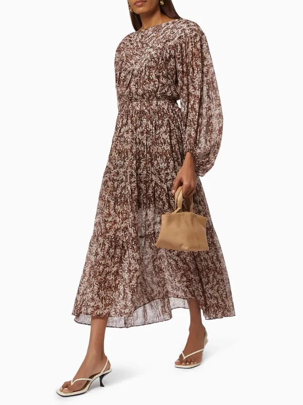 Shona Joy Grace Pin Tuck Tiered Midi Dress Brown Floral Cottagecore Prairie 2 - Image 2