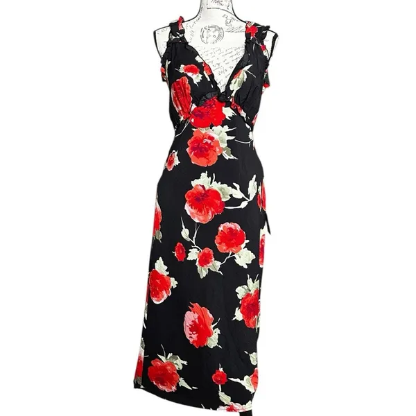 New Lulu's Clarrie Black Red Floral Crinkle Satin Ruffled Midi Dress Size Small - Image 2