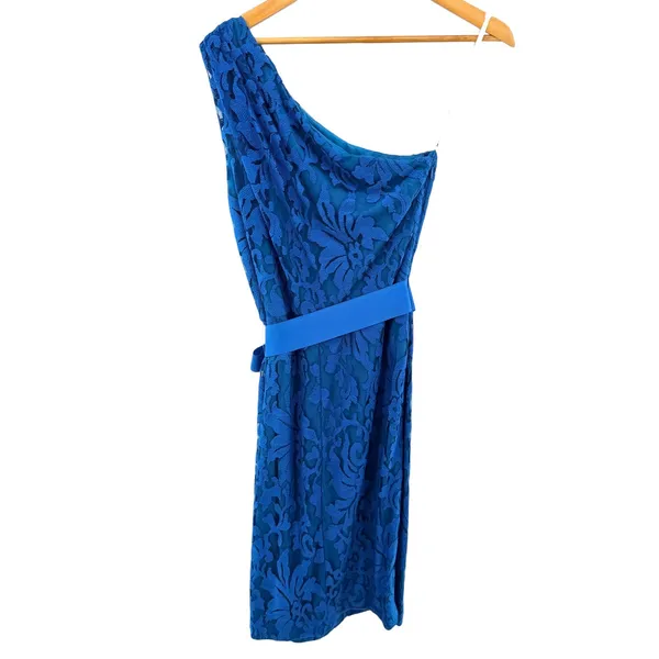 Tadashi Shoji Womens One Shoulder Floral Lace Sheath‎ Dress Teal Blue Size 14 - Image 6