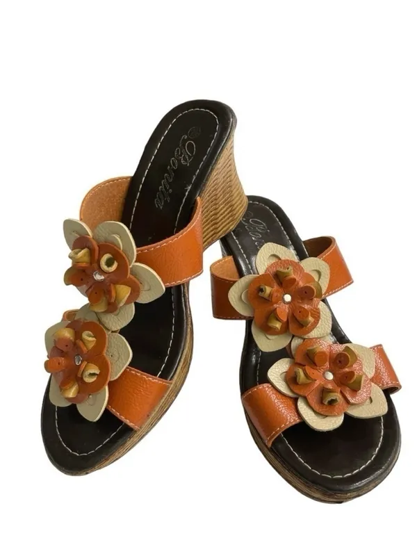 Bonita Floral Leather Wedge Sandals Cognac Brown Slide Mules Platform Heel - Image 2