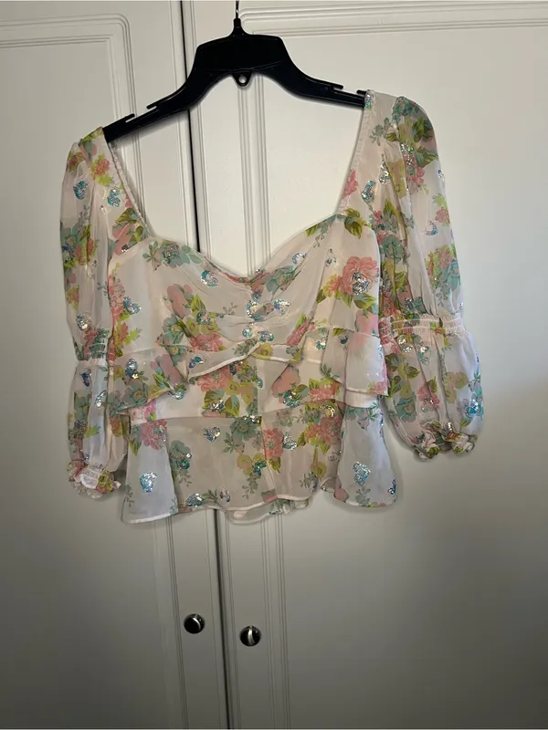 For Love & Lemons Paradis Floral Sequin Ruffle Blouse - Image 3