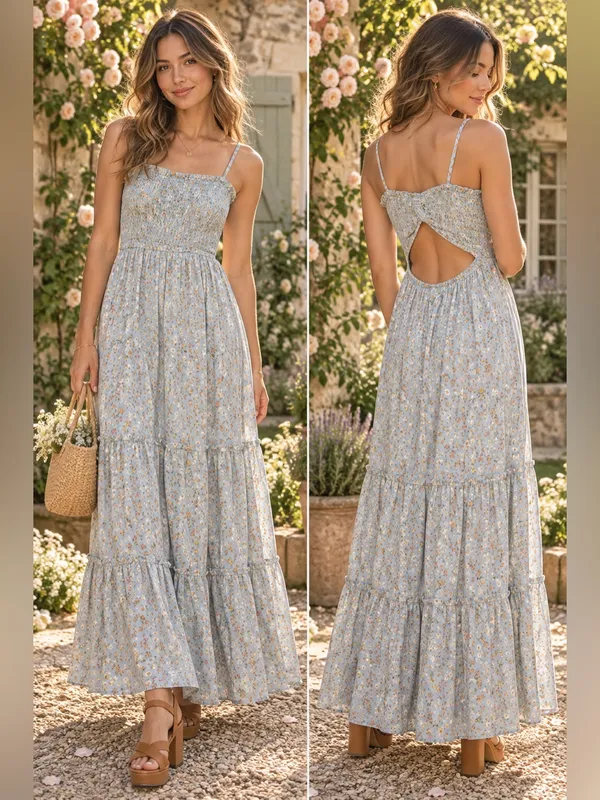 Altar’d State Blue Floral Smocked Open Back Tiered Maxi Dress XS Romantic - Image 2