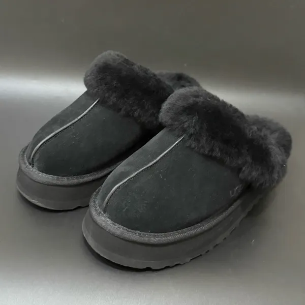 UGG Disquette Black Suede Leather Plush Sheepskin Platform Slippers Size 8 - Image 2