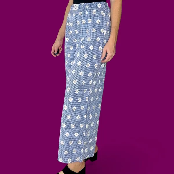 Shein Casual Blue Daisy Floral Gingham Wide Leg Casual Pants - Image 3