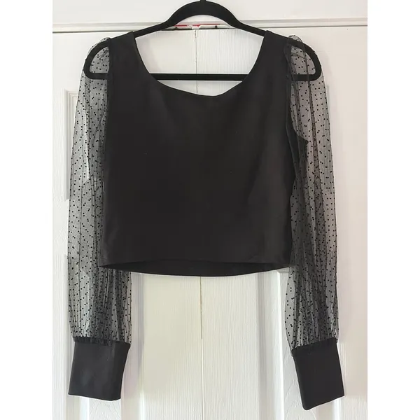 Petal + Pup Black Polka Dot Sheer Mesh Sleeve Crop Top Square Neck US 8‎ NEW - Image 2