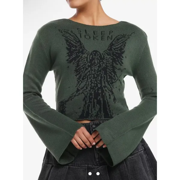 Hot Topic Sleep Token Green Cropped Knit Sweater Bell Sleeve Large - Image 8