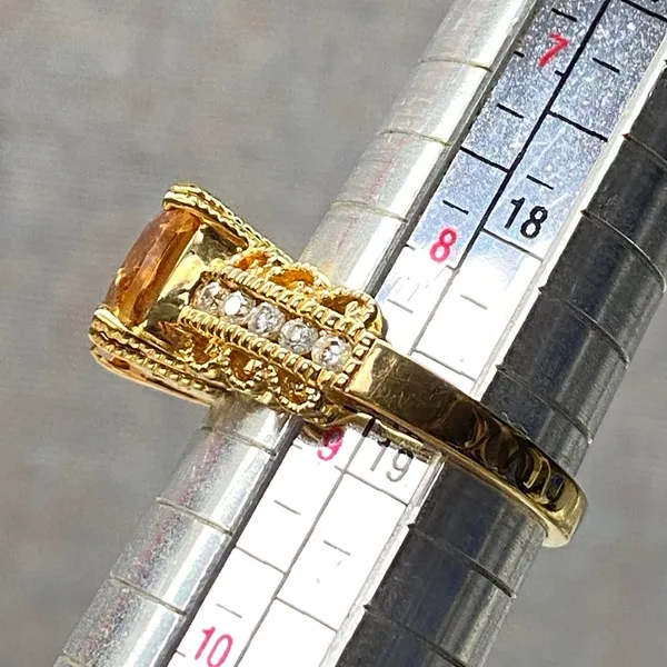 Vintage Sparkling Orange Cushion Cut Gold Pleated Sterling Silver Ring Size 8.75 - Image 7