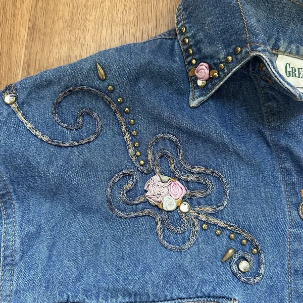 Vintage Green Field Western Decorative‎ Denim Shirt - Image 2
