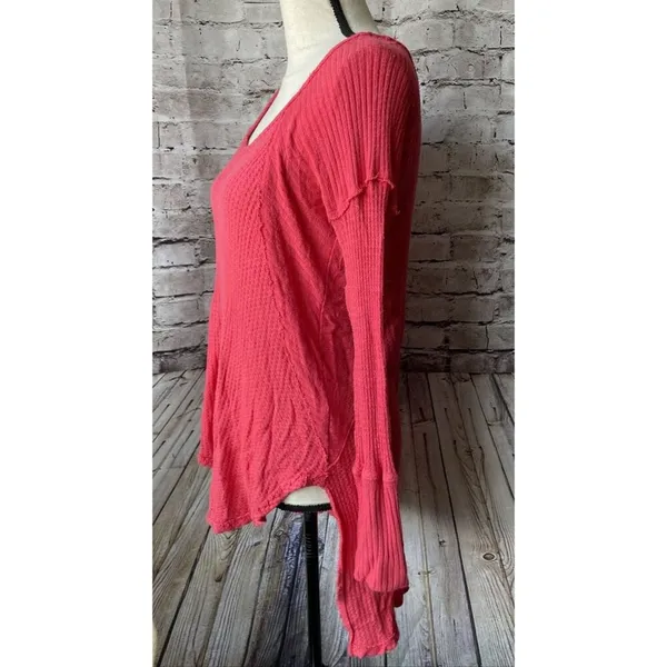 Free People Womens Shirt Sz XS Coral Waffle Knit‎ Long Sleeve Casual - Image 2