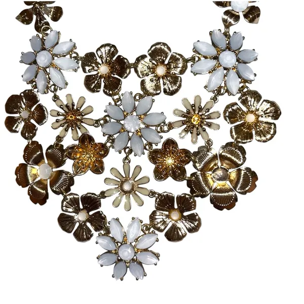 Floral Gold and White Statement Necklace - Image 2