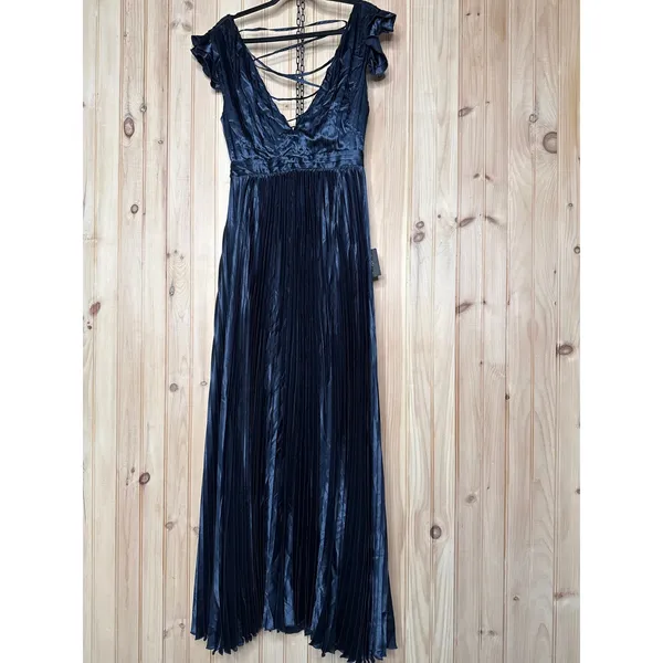 NWT Lulus Exceptional Drama Navy Blue Satin Lace-Up Pleated Maxi Dress Luxe Sz L - Image 2