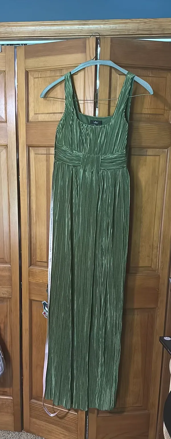 Ameena Olive Green Plisse Square Neck Sash Maxi Dress - Image 3